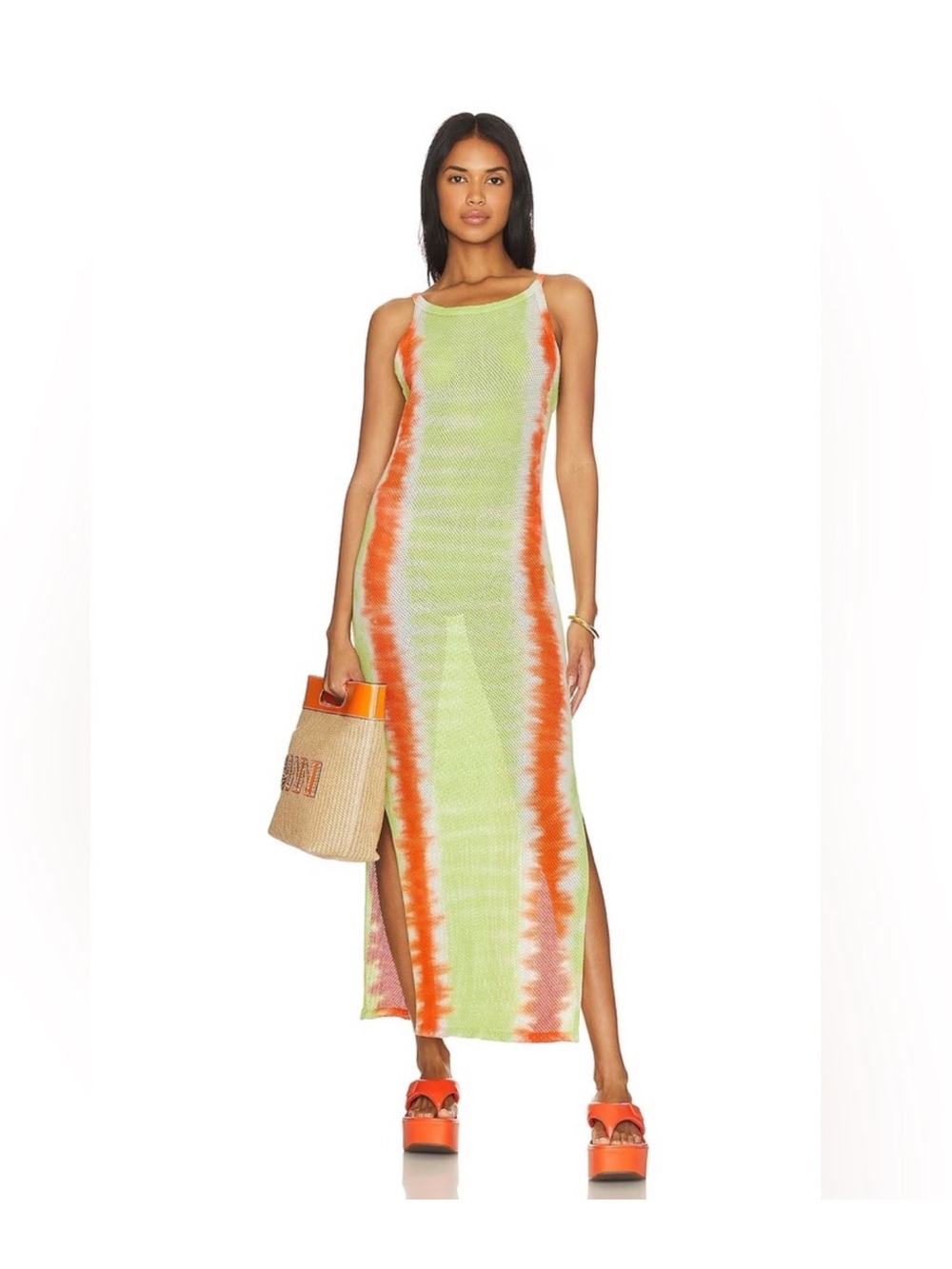 Year of Ours Lime Green & Orange Tie-Dye Knit Maxi Dress Cover Up